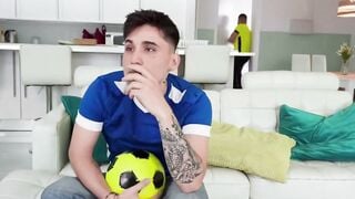 Teenie sluts into Red Jersey Blows Inked Bf's Dick on Couch