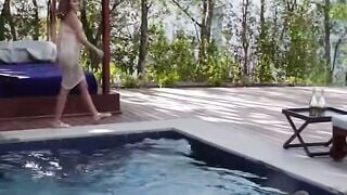 Blonde Eurobabe Penelope Deepthroats big black cock on Luxury Poolside Lounger