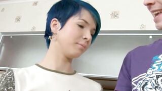 Slim Blue-Haired GF Deepthroats Bf's Dick on Couch