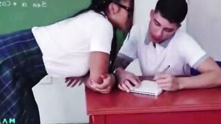 College girl inside Glasses Blows Penis at Desk into Classroom