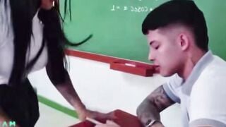 College girl inside Glasses Blows Penis at Desk into Classroom