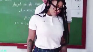 College girl inside Glasses Blows Penis at Desk into Classroom