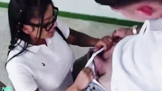 College girl inside Glasses Blows Penis at Desk into Classroom