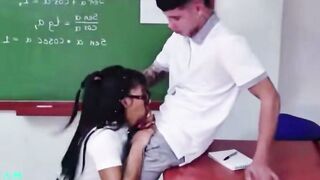 College girl inside Glasses Blows Penis at Desk into Classroom