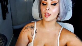 Silver Hair Tattooed Babe Sucks Dildo in White Bra POV