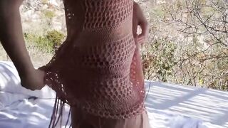 Skinny Dark hair and Blonde milf Striptease into Panties and Outdoor
