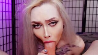 Inked Blonde Blows Dick pov | Deep throat Cum Drink