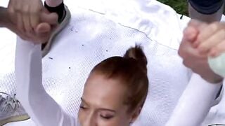 Outside Gang bang: three Huge Dicks Pounded Soak Mound Into The Woods