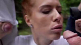 Outside Gang bang: three Huge Dicks Pounded Soak Mound Into The Woods