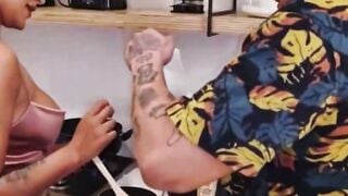 Inked Teens Coworker Blows Penis and Takes Anal Jizzed inside Kitchen