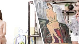 Two Nude Models Deepthroat Artist's Cock in Paint Studio Threesome