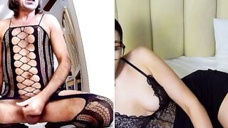 Sissy Michael Rides Huge Dildo & Eats Cum in Sheer Fishnet Bodysuit