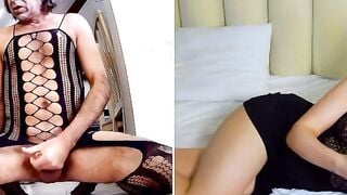 Sissy Michael Rides Huge Dildo & Eats Cum in Sheer Fishnet Bodysuit