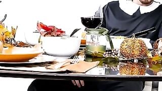 Stocking-Wrapped 18 Year Old Deepthroats Hard Dick At Family Thanksgiving Orgy