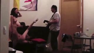 Amateur Lesbo Foursome Sucking Cock & Swallowing Cum in Living Room