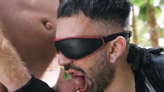 Brogan Deepthroats Blindfolded Slave in Public Wooden Stocks
