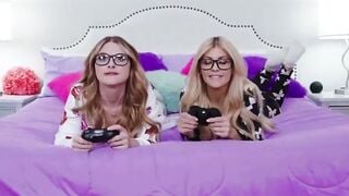 POV Teen Girls in Pajamas Swallow Cum While Gaming on Purple Bed