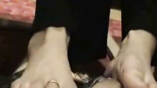 Amateur Asian Wife Gives Footjob Under Table During Phone Call