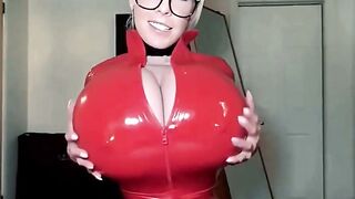 Amateur Blonde POV: Huge Tits in Tight Red Latex Swallows Cum