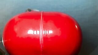 Amateur Blonde POV: Huge Tits in Tight Red Latex Swallows Cum