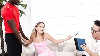 Petite Blonde Deepthroats Big Black Cock While Cuckold Watches