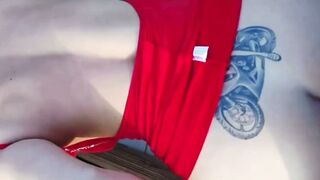 Tattooed Cougar Sucks Cock in Red Lingerie