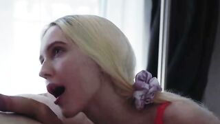 Blonde Teen in Tight Red Dress Deepthroats Cock & Gets Butt Boned POV