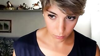 Short-Haired Webcam Girl Strips In Black Bra And Shorts