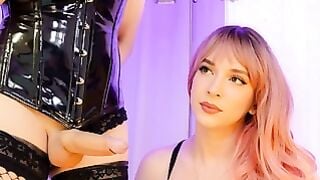 Pink-Haired Shemale Stares at Thick Trans Cock While Jerking Off in Fishnets
