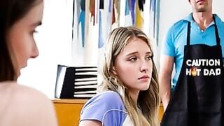 Stepdad Roughly Fucks Two Seductive Stepdaughters in Kitchen Threesome