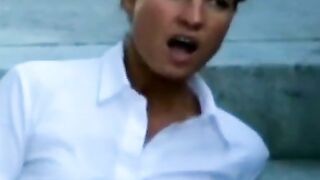 German Amateur Girl Masturbates Outdoors on Stone Steps to Orgasm