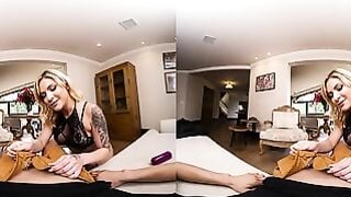 Tattooed Shemale Sucks Cock While Brunette Wife Rides Him on Dining Table
