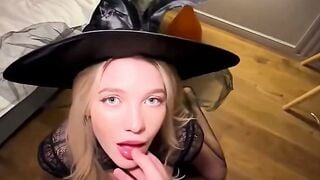 Stacey Angel Deepthroats Cock in Fishnets & Witch Hat