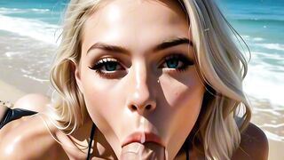 Super blonde gets mouthful of cock after hot doggy & deep titfuck on beach