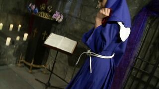 Dominatrix smoking candle punish blonde with sex toy and horsewhip