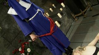 Dominatrix smoking candle punish blonde with sex toy and horsewhip