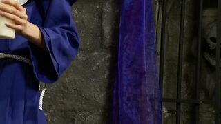 Dominatrix smoking candle punish blonde with sex toy and horsewhip