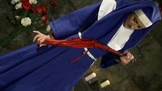 Dominatrix smoking candle punish blonde with sex toy and horsewhip
