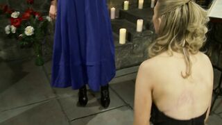 Dominatrix smoking candle punish blonde with sex toy and horsewhip