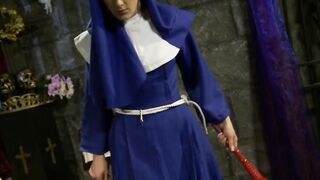 Dominatrix smoking candle punish blonde with sex toy and horsewhip