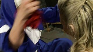 Dominatrix smoking candle punish blonde with sex toy and horsewhip