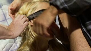 Bounded with ropes and blndfolded blonde inside three-way bag