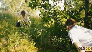 OLD4K. Posh women came to clearing to be pounded by the old