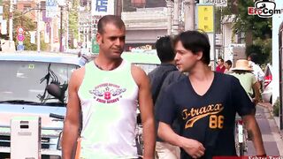Unshaved thin chinese teenie inside a mini skirt fucks inside a fmm three-way