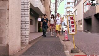 Unshaved thin chinese teenie inside a mini skirt fucks inside a fmm three-way