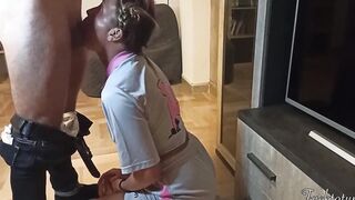 Silly Frenchie College Cheerleader First Time asking for "Trick or Treat". Older Man Tricks her and he's get his Dick inside her mouth. Good Deep Throat. Her Slutty Face and Uniform covered by his Huge Creampie. Teenie Halloween Amazingly Hot Bj.