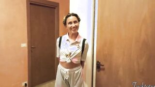 Silly Frenchie College Cheerleader First Time asking for "Trick or Treat". Older Man Tricks her and he's get his Dick inside her mouth. Good Deep Throat. Her Slutty Face and Uniform covered by his Huge Creampie. Teenie Halloween Amazingly Hot Bj.