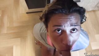 Silly Frenchie College Cheerleader First Time asking for "Trick or Treat". Older Man Tricks her and he's get his Dick inside her mouth. Good Deep Throat. Her Slutty Face and Uniform covered by his Huge Creampie. Teenie Halloween Amazingly Hot Bj.
