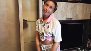 Silly Frenchie College Cheerleader First Time asking for "Trick or Treat". Older Man Tricks her and he's get his Dick inside her mouth. Good Deep Throat. Her Slutty Face and Uniform covered by his Huge Creampie. Teenie Halloween Amazingly Hot Bj.