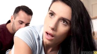 STUCK4K. Babe Romanian dark hair Nelly Kent is stuck